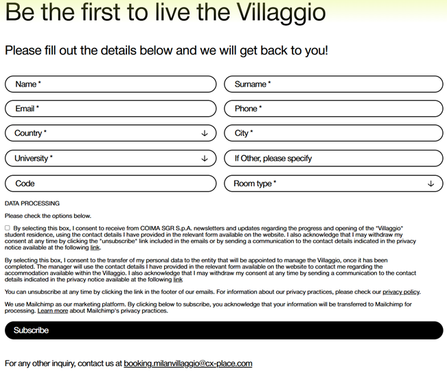 facsimile schermata di registrazione per prenotazione posto letto